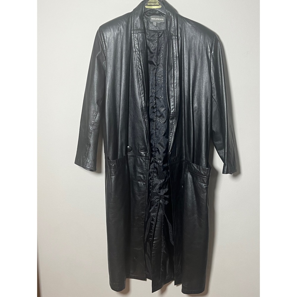 Maurices Vintage Black Leather Trench Coat Long Jacket Women Sz MD *see Notes*